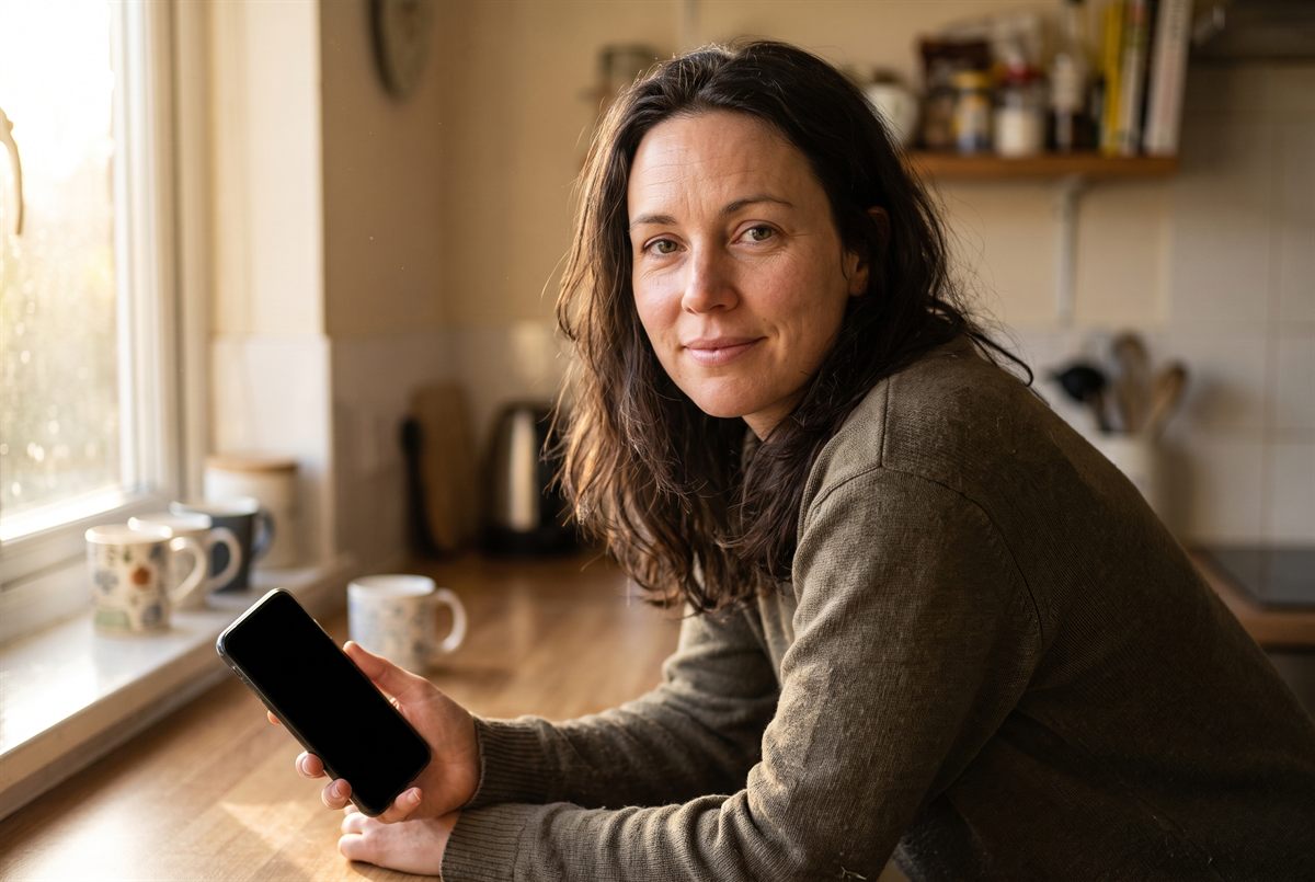 Portrait in the sender's register — late thirties, holding a phone with the screen off