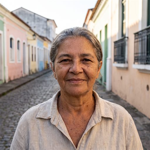 A woman in her late sixties outdoors in hard afternoon light, looking into the camera
