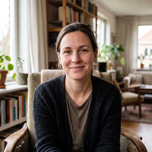 A woman in her thirties indoors in soft daylight, looking into the camera