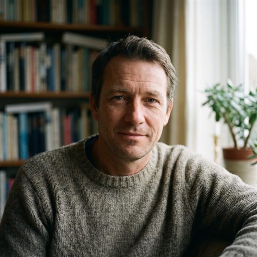 A man in his forties, indoors by a window, looking into the camera